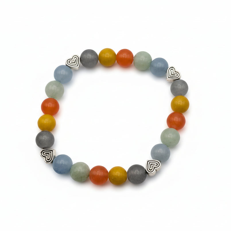 Handmade 8mm natural gemstone beaded bracelet with gray chalcedony, jasper-inspired yellow and orange hues, green and blue tones, and heart-shaped metal spacers