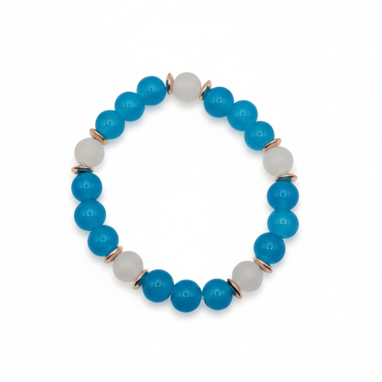 Ivory Eye Cyan blue white glass bead bracelet handmade by Crafty Queens
