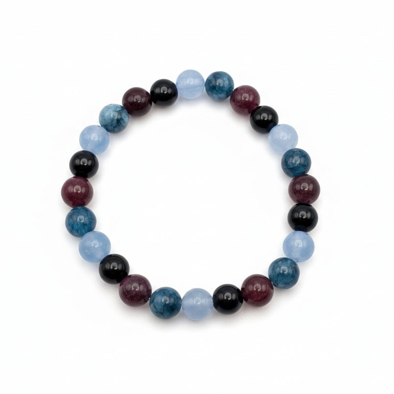 8mm natural gemstone beaded bracelet with obsidian, garnet and chalcedony beads in teal green, burgundy and black tones with light blue aquamarine inspired beads, stretch bracelet for everyday wear