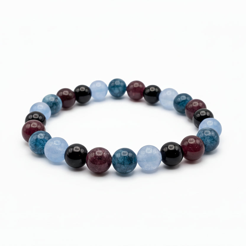 8mm natural gemstone beaded bracelet with obsidian, garnet and chalcedony beads in teal green, burgundy and black tones with light blue aquamarine inspired beads, stretch bracelet for everyday wear
