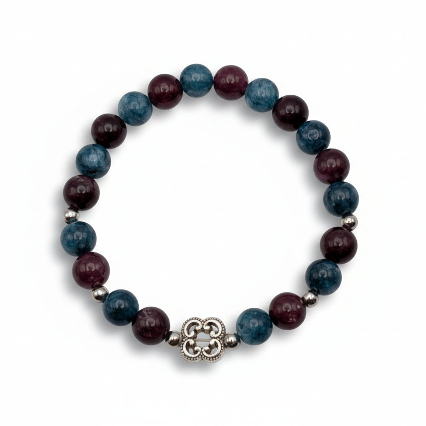 8mm natural gemstone beaded bracelet with garnet and chalcedony beads in burgundy and teal tones with metal spacers and decorative charm, stretch bracelet for everyday wear
