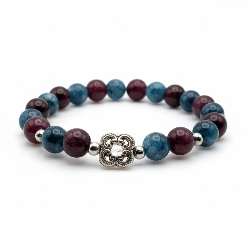 8mm natural gemstone beaded bracelet with garnet and chalcedony beads in burgundy and teal tones with metal spacers and decorative charm, stretch bracelet for everyday wear