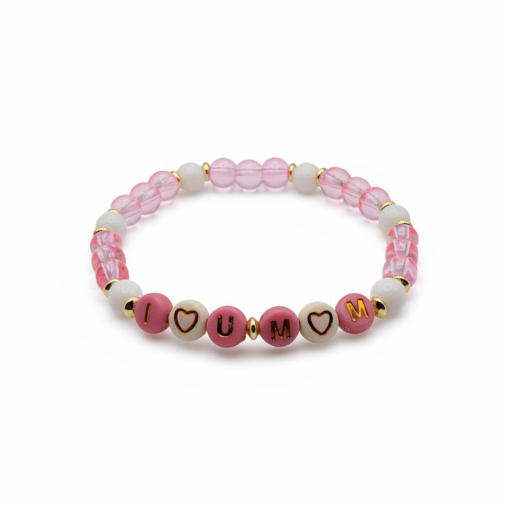 6mm pink glass bead bracelet with gold spacer beads and “I love you mom” acrylic letter beads, stretch bracelet gift for mom