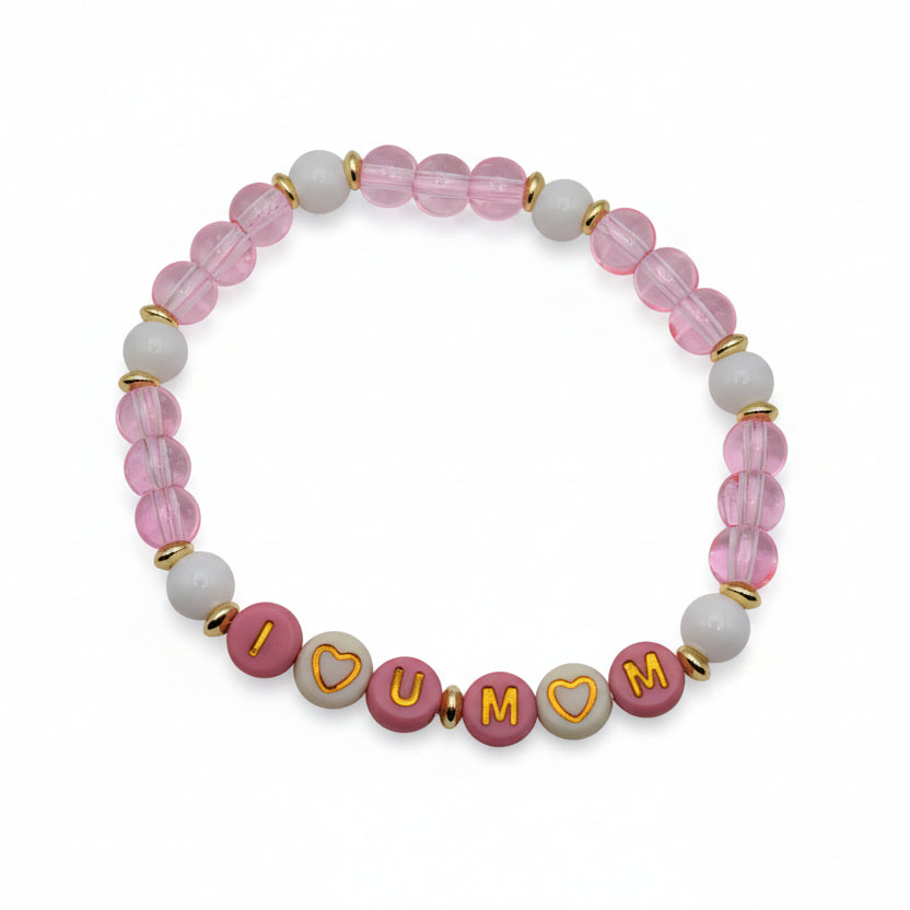 6mm pink glass bead bracelet with gold spacer beads and “I love you mom” acrylic letter beads, stretch bracelet gift for mom