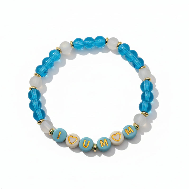6mm teal glass bead bracelet with gold spacer beads and “I love you mom” acrylic letter beads, stretch bracelet gift for mom