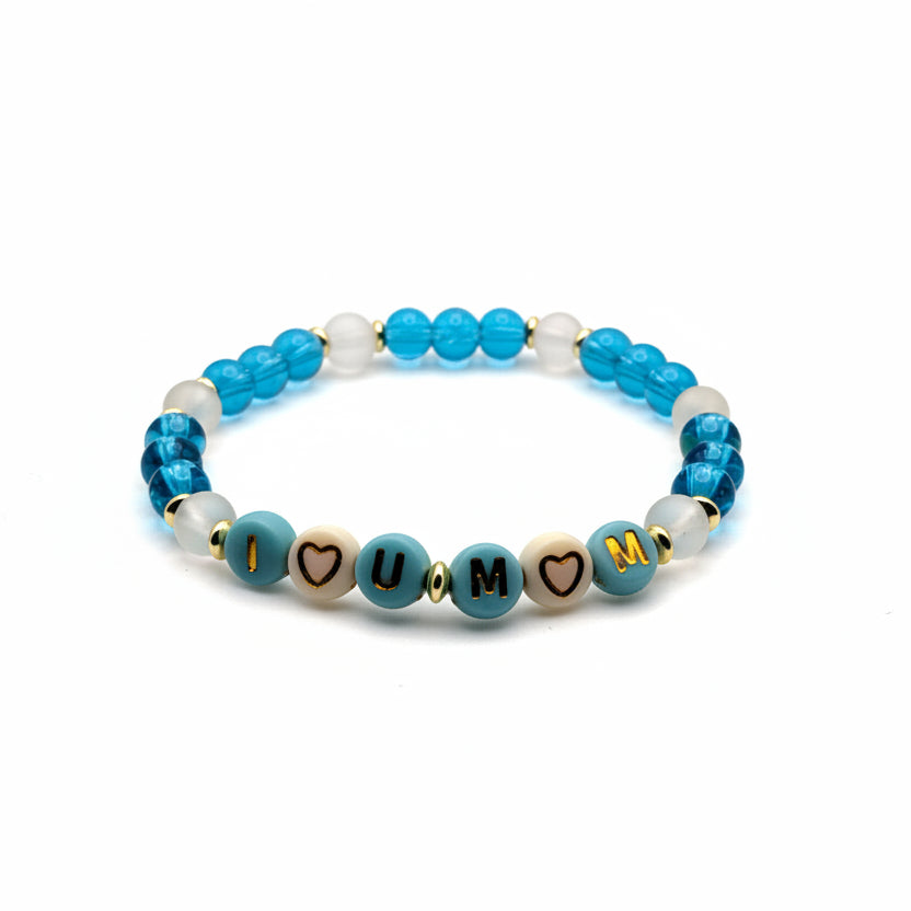 6mm teal glass bead bracelet with gold spacer beads and “I love you mom” acrylic letter beads, stretch bracelet gift for mom