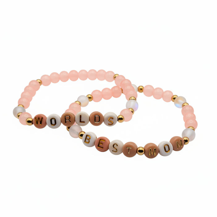 set of 2 coral and white beaded bracelets with letter beads spelling worlds best mom, stretch bracelet set gift for mom