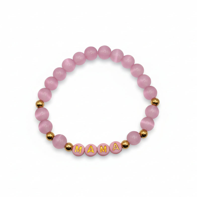 8mm pink cats eye glass bead bracelet with gold spacer beads and “mama” letter beads, stretch bracelet gift for mom