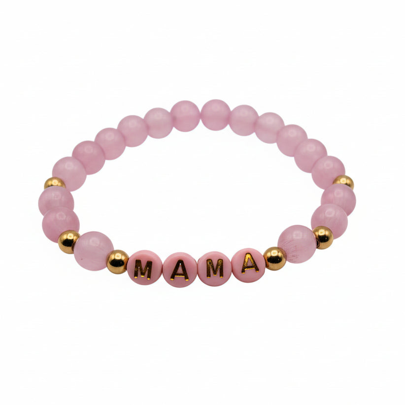 8mm pink cats eye glass bead bracelet with gold spacer beads and “mama” letter beads, stretch bracelet gift for mom