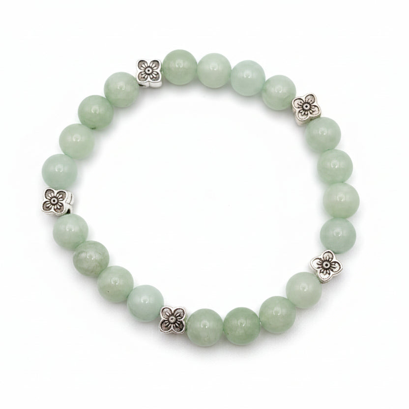 Bonnie Blossom Burma Green natural gemstone bracelet with silver plum blossom charm handmade by Crafty Queens