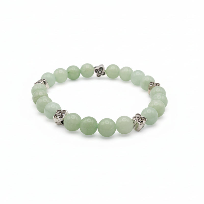 Bonnie Blossom Burma Green natural gemstone bracelet with silver plum blossom charm handmade by Crafty Queens