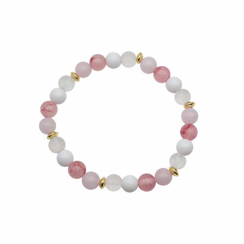 8mm blush pink and white beaded bracelet with agate and quartz beads, kunzite and jade inspired tones and gold spacers, stretch bracelet for everyday wear