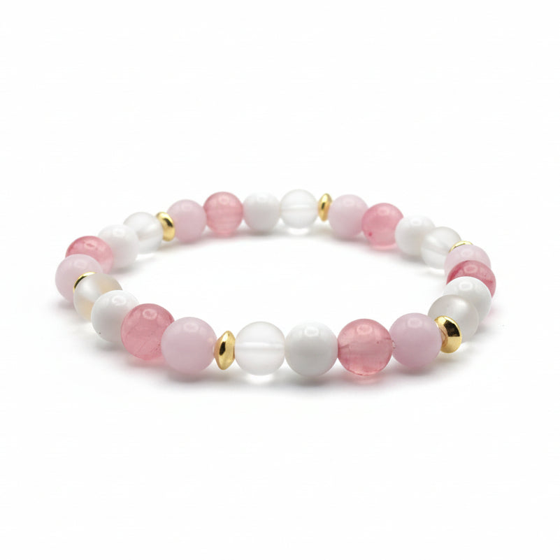 8mm blush pink and white beaded bracelet with agate and quartz beads, kunzite and jade inspired tones and gold spacers, stretch bracelet for everyday wear
