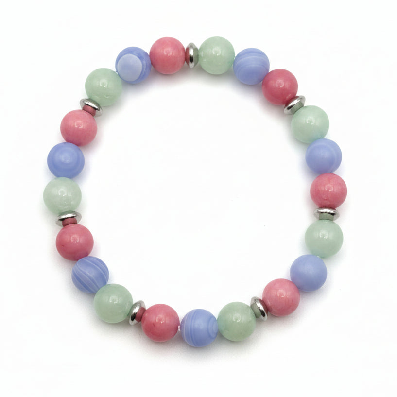 8mm pink, blue and green beaded bracelet with rhodonite and agate tones, silver spacers and stretch cord for everyday wear