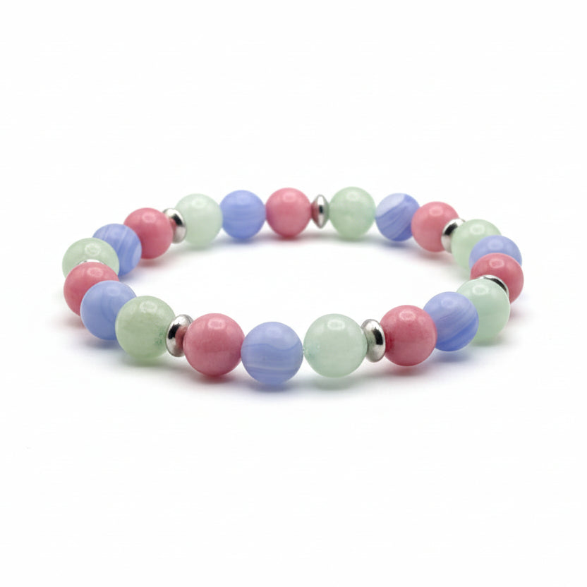 8mm pink, blue and green beaded bracelet with rhodonite and agate tones, silver spacers and stretch cord for everyday wear