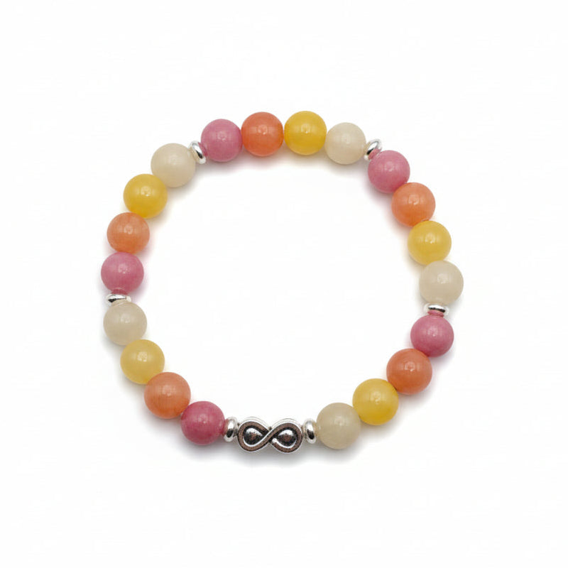 8mm pink, yellow and orange beaded bracelet with rhodonite and agate tones, infinity charm and silver spacers, stretch bracelet for everyday wear