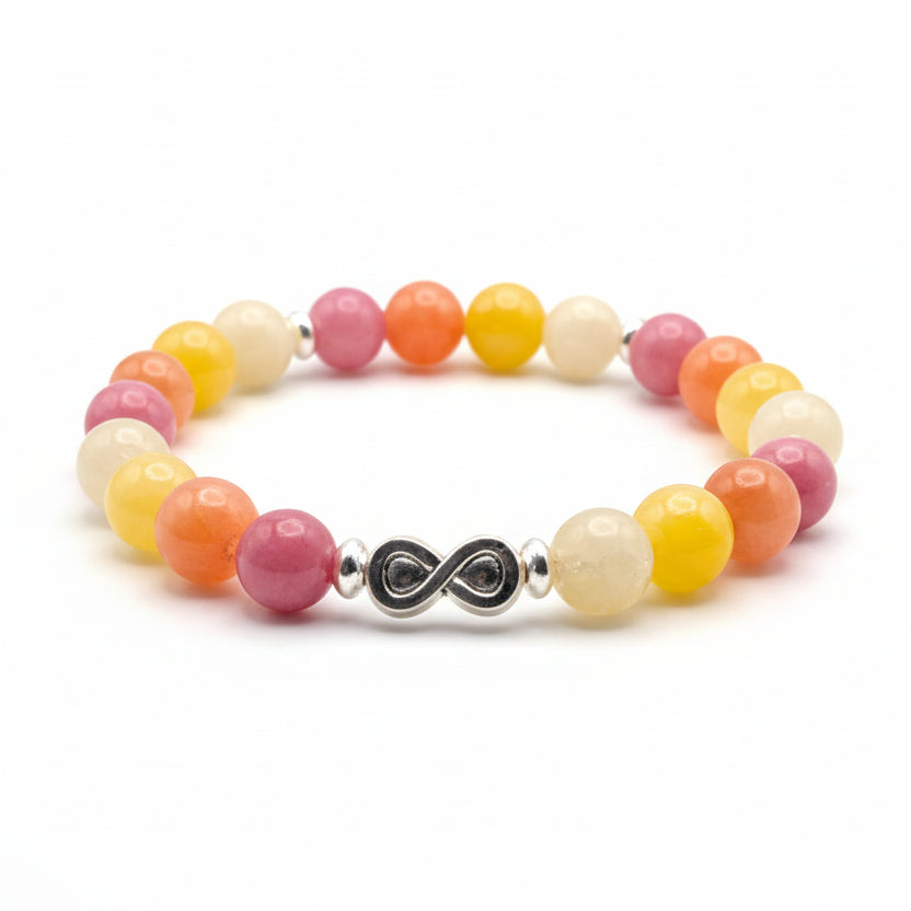 8mm pink, yellow and orange beaded bracelet with rhodonite and agate tones, infinity charm and silver spacers, stretch bracelet for everyday wear