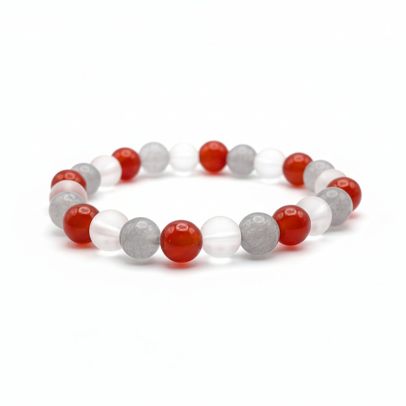 8mm white quartz, chalcedony and orange agate beaded bracelet with silver spacers, stretch bracelet for everyday wear