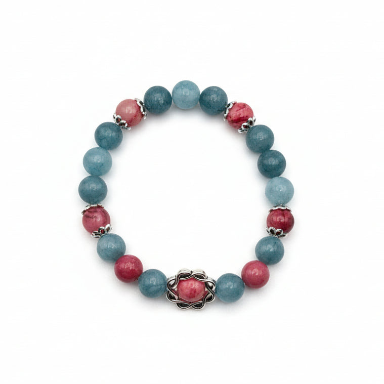 8mm teal and pink beaded bracelet with blue agate and jade inspired tones, silver spacers and framed center bead, stretch bracelet for everyday wear