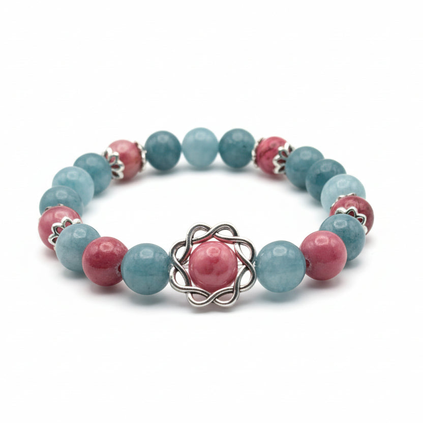 8mm teal and pink beaded bracelet with blue agate and jade inspired tones, silver spacers and framed center bead, stretch bracelet for everyday wear