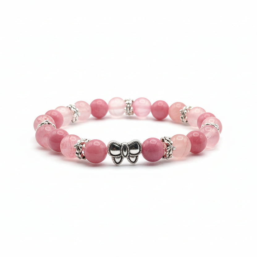8mm pink beaded bracelet with rhodonite and pink Persian jade beads, silver spacers and bow charm, stretch bracelet for everyday wear