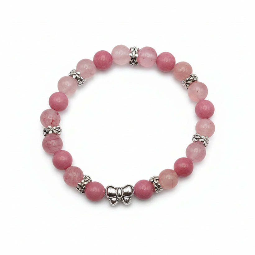 8mm pink beaded bracelet with rhodonite and pink Persian jade beads, silver spacers and bow charm, stretch bracelet for everyday wear