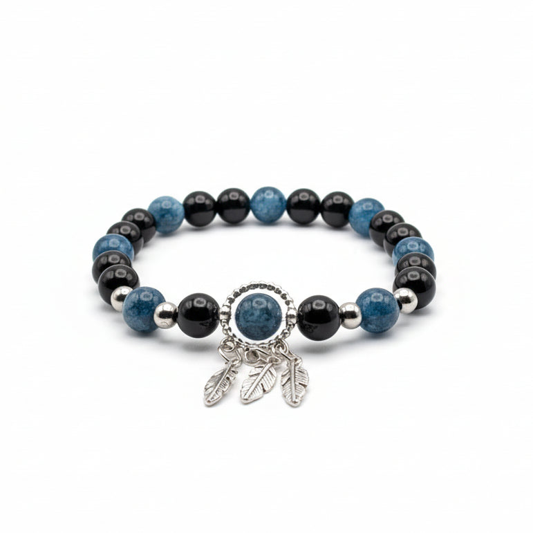 8mm black and teal beaded bracelet with obsidian and chalcedony beads, silver spacers and charm, stretch bracelet for everyday wear