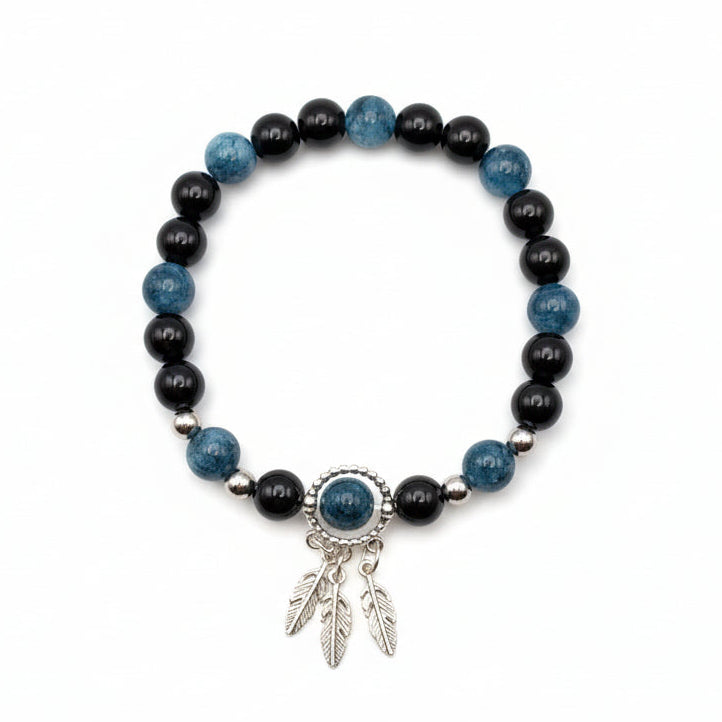 8mm black and teal beaded bracelet with obsidian and chalcedony beads, silver spacers and charm, stretch bracelet for everyday wear