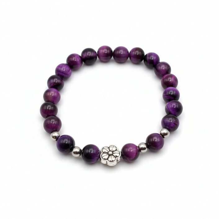 8mm plum purple beaded bracelet with natural gemstone beads, silver spacers and floral charm, stretch bracelet for everyday wear