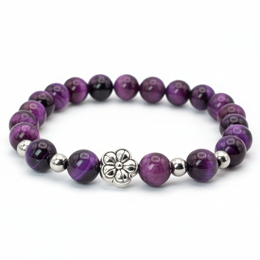 8mm plum purple beaded bracelet with natural gemstone beads, silver spacers and floral charm, stretch bracelet for everyday wear