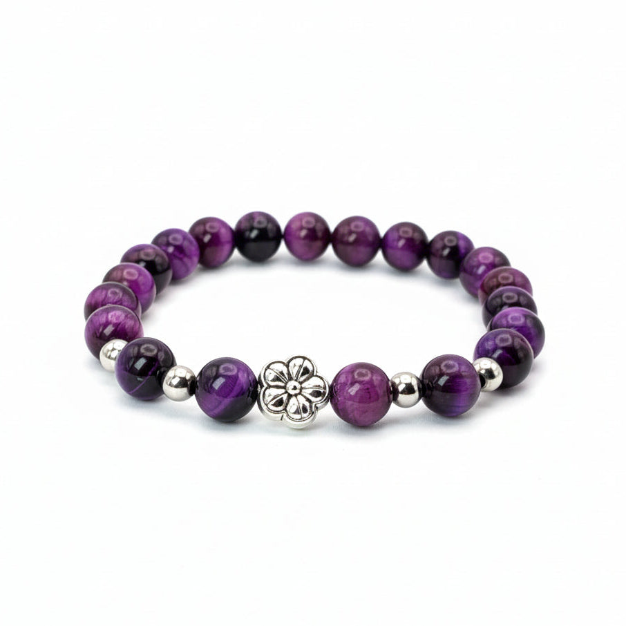 8mm plum purple beaded bracelet with natural gemstone beads, silver spacers and floral charm, stretch bracelet for everyday wear