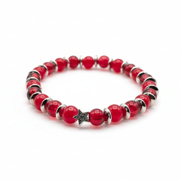 6mm red glass bead bracelet with silver spacer beads and star charm, stretch bracelet for everyday wear