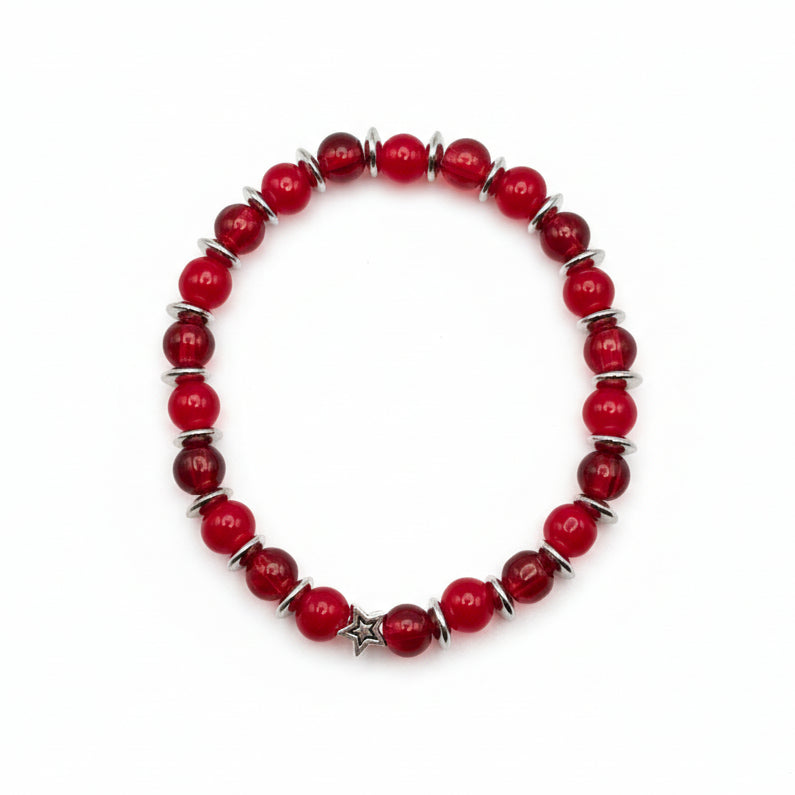 6mm red glass bead bracelet with silver spacer beads and star charm, stretch bracelet for everyday wear