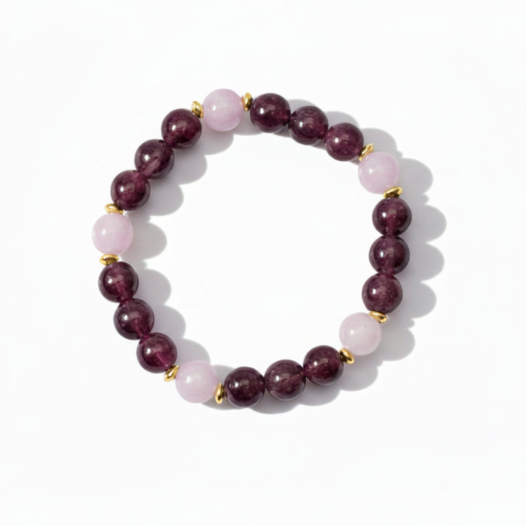 Seraphina Light Lepidolite Kunzite natural gemstone bracelet with golden spacers handmade by Crafty Queens