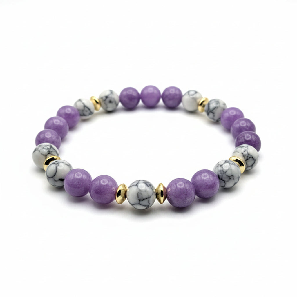 colorful 8mm purple mica and white howlite gemstone bracelet with gold spacer accents and stretch cord for polished everyday style