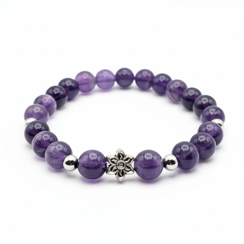8mm violet beaded bracelet with natural amethyst, silver spacers and floral charm, stretch bracelet for everyday wear