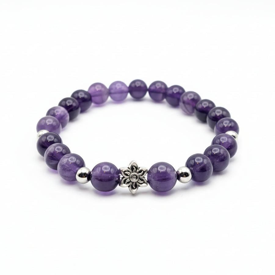 8mm violet beaded bracelet with natural amethyst, silver spacers and floral charm, stretch bracelet for everyday wear