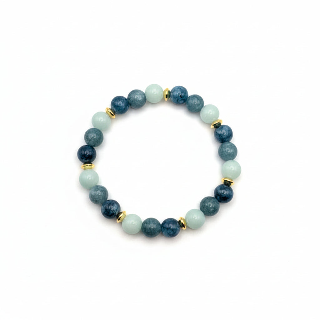 colorful 8mm gemstone bracelet with deep teal chalcedony beads, aqua and green tones, gold spacer accents and stretch cord for expressive everyday style