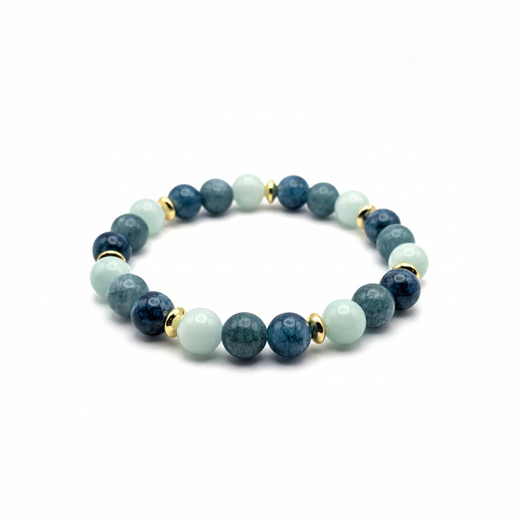 colorful 8mm gemstone bracelet with deep teal chalcedony beads, aqua and green tones, gold spacer accents and stretch cord for expressive everyday style
