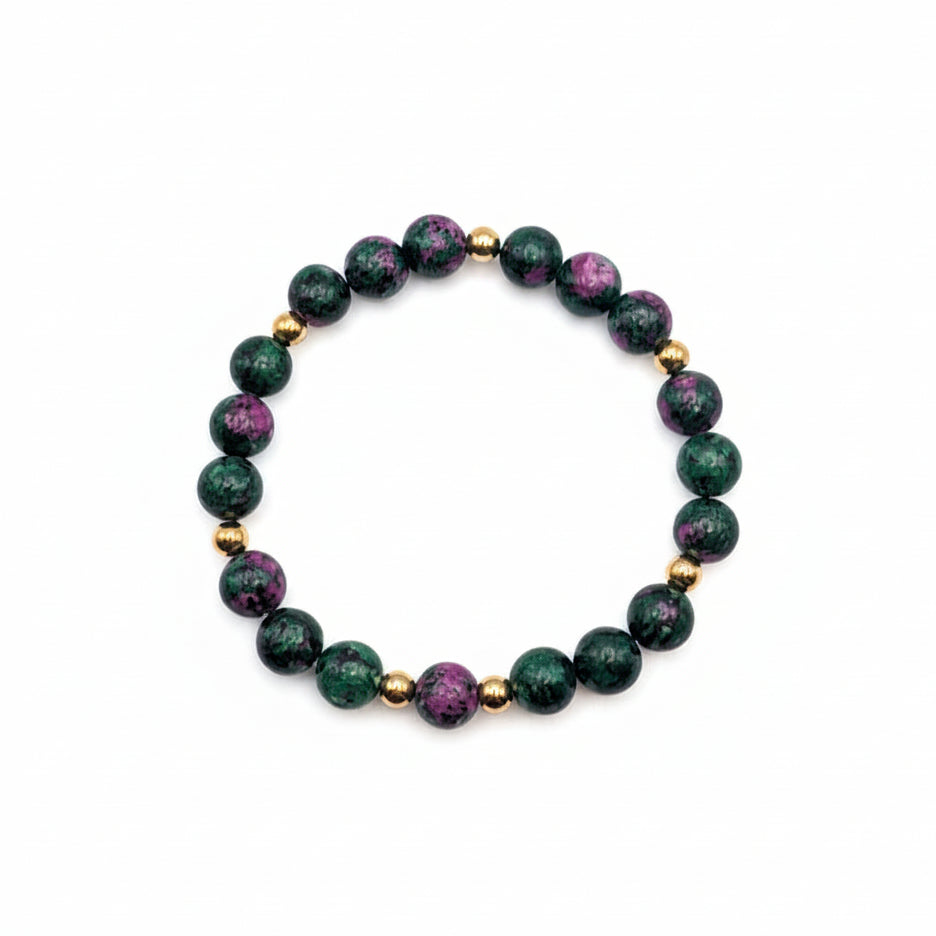 colorful 8mm epidote gemstone bracelet with rich forest green and mulberry tones, gold stainless steel spacers and stretch cord for expressive everyday style