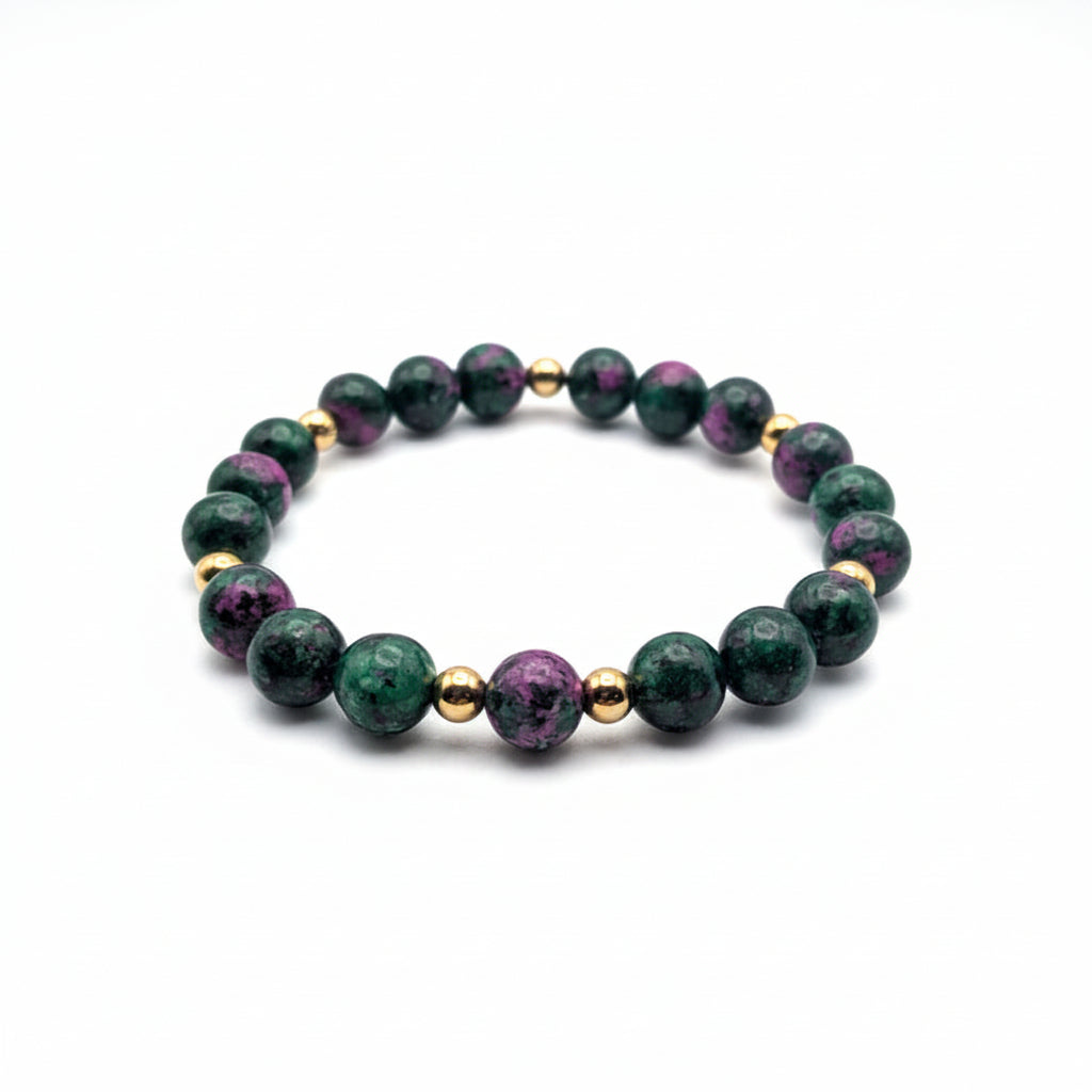 colorful 8mm epidote gemstone bracelet with rich forest green and mulberry tones, gold stainless steel spacers and stretch cord for expressive everyday style