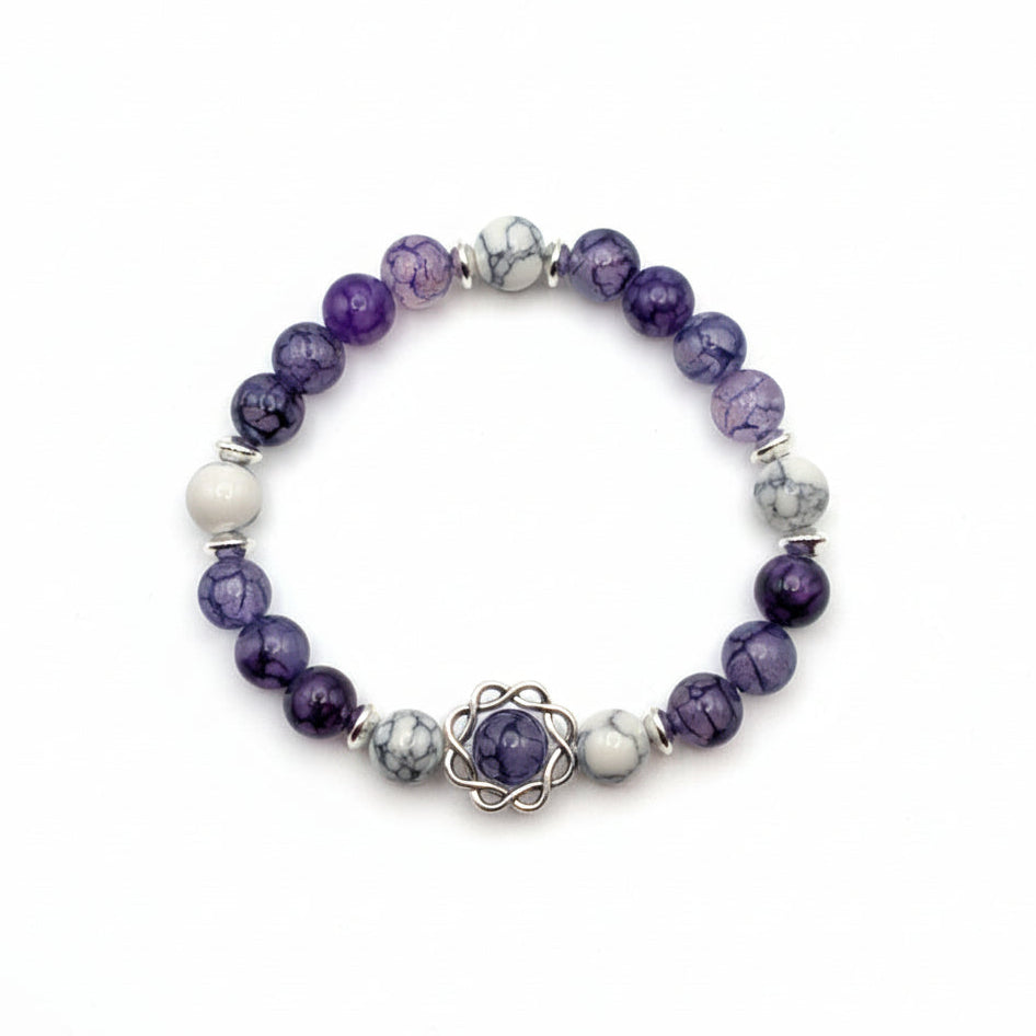 colorful 8mm purple dragon vein and white howlite gemstone bracelet with silver spacer accents and central charm for expressive everyday style