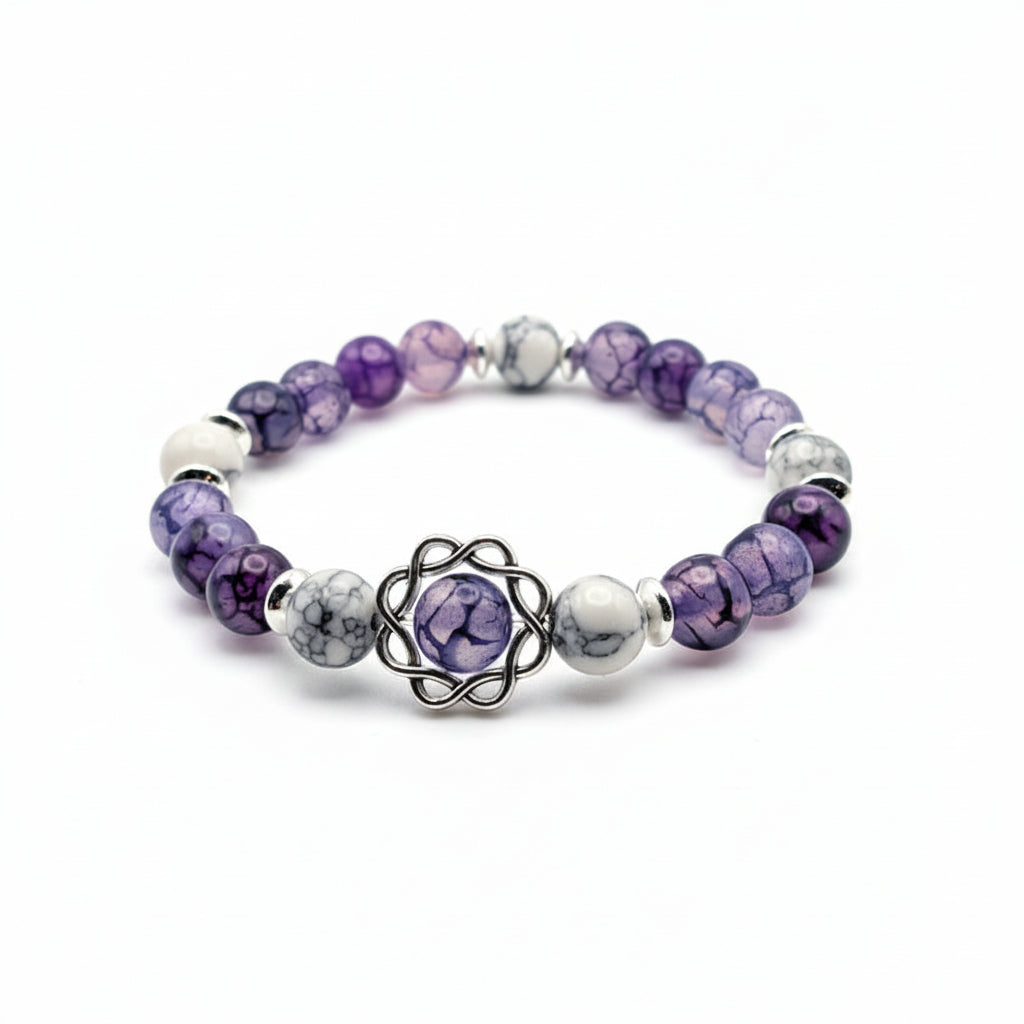 colorful 8mm purple dragon vein and white howlite gemstone bracelet with silver spacer accents and central charm for expressive everyday style