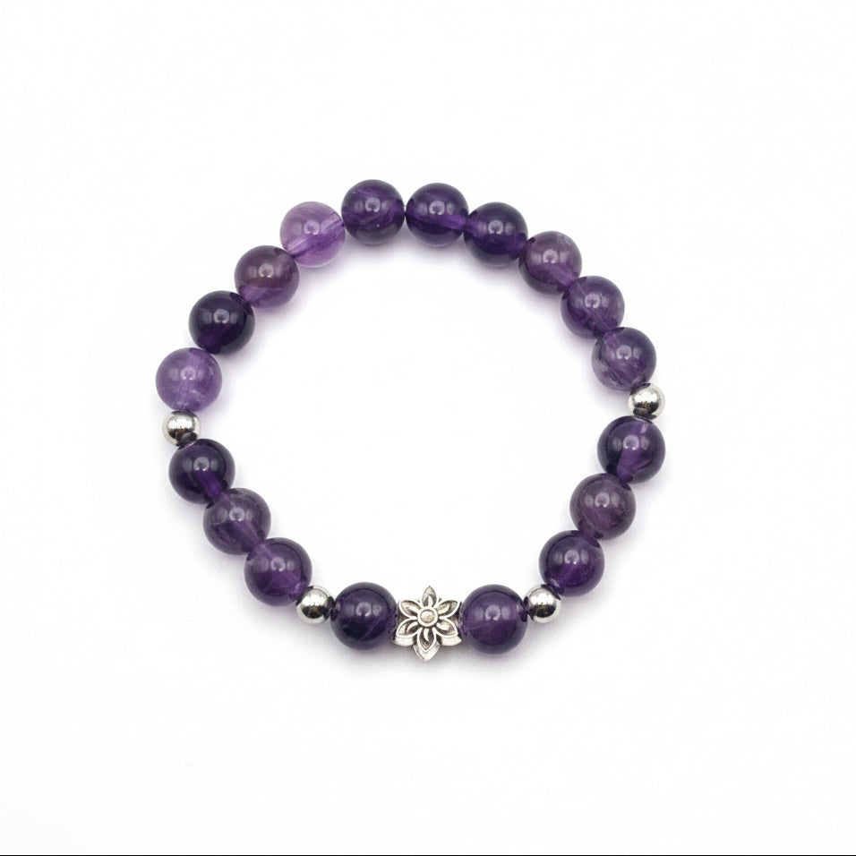8mm violet beaded bracelet with natural amethyst, silver spacers and floral charm, stretch bracelet for everyday wear