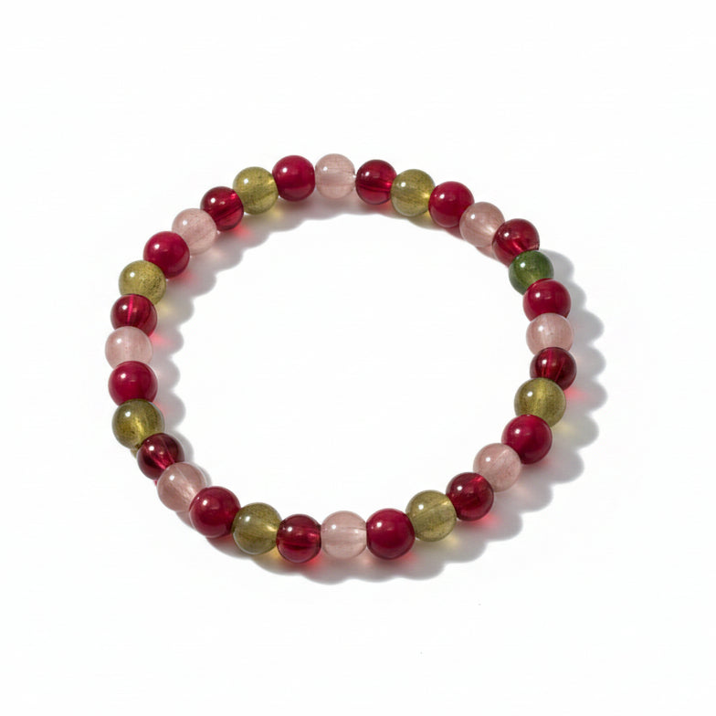 Cherry Grove 6mm red, brown and green glass bead stretch bracelet with an earthy boho-inspired color palette