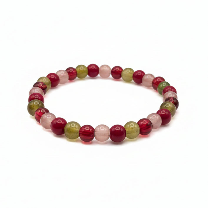 Cherry Grove 6mm red, brown and green glass bead stretch bracelet with an earthy boho-inspired color palette