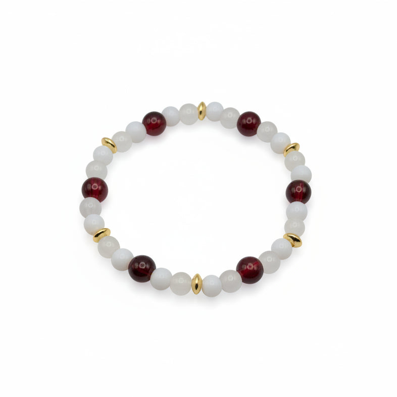 Red Velvet red white glass bead bracelet with golden spacers handmade by Crafty Queens