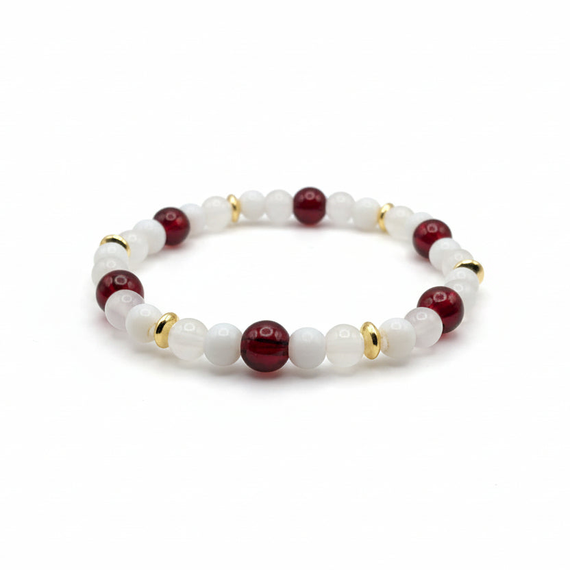 Red Velvet red white glass bead bracelet with golden spacers handmade by Crafty Queens
