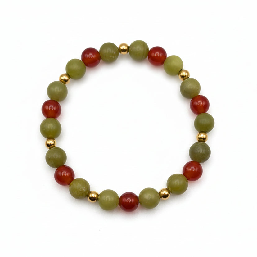 Tangerine Vine 8mm natural gemstone stretch bracelet with green and translucent tangerine-toned beads and gold spacers