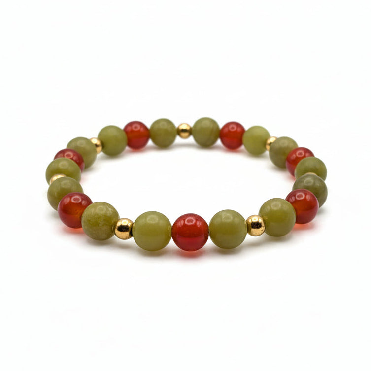 Tangerine Vine 8mm natural gemstone stretch bracelet with green and translucent tangerine-toned beads and gold spacers